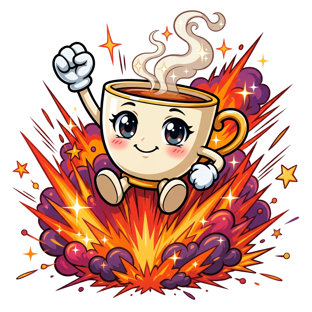 Restaurant Tea mascot — a smiling teacup bursting with excitement